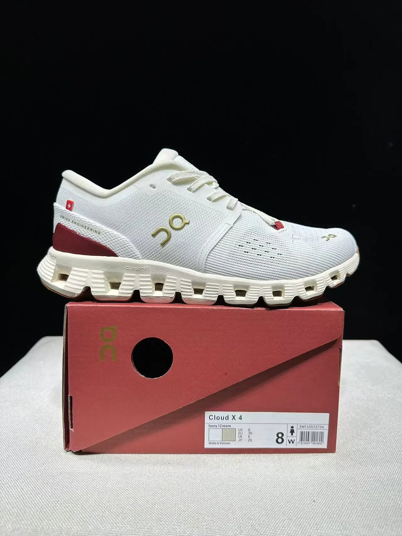 On White Red Engineered Knit Upper Segmented CloudTec Midsole Lifestyle Sneakers 11