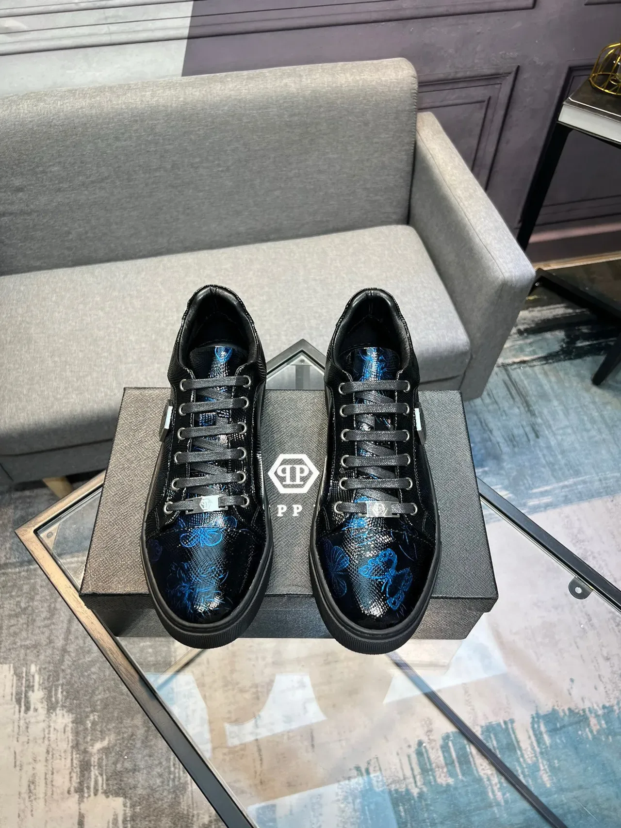 Philipp Plein Sneakers Lifestyle Imprimé Floral Noir et Bleu 2
