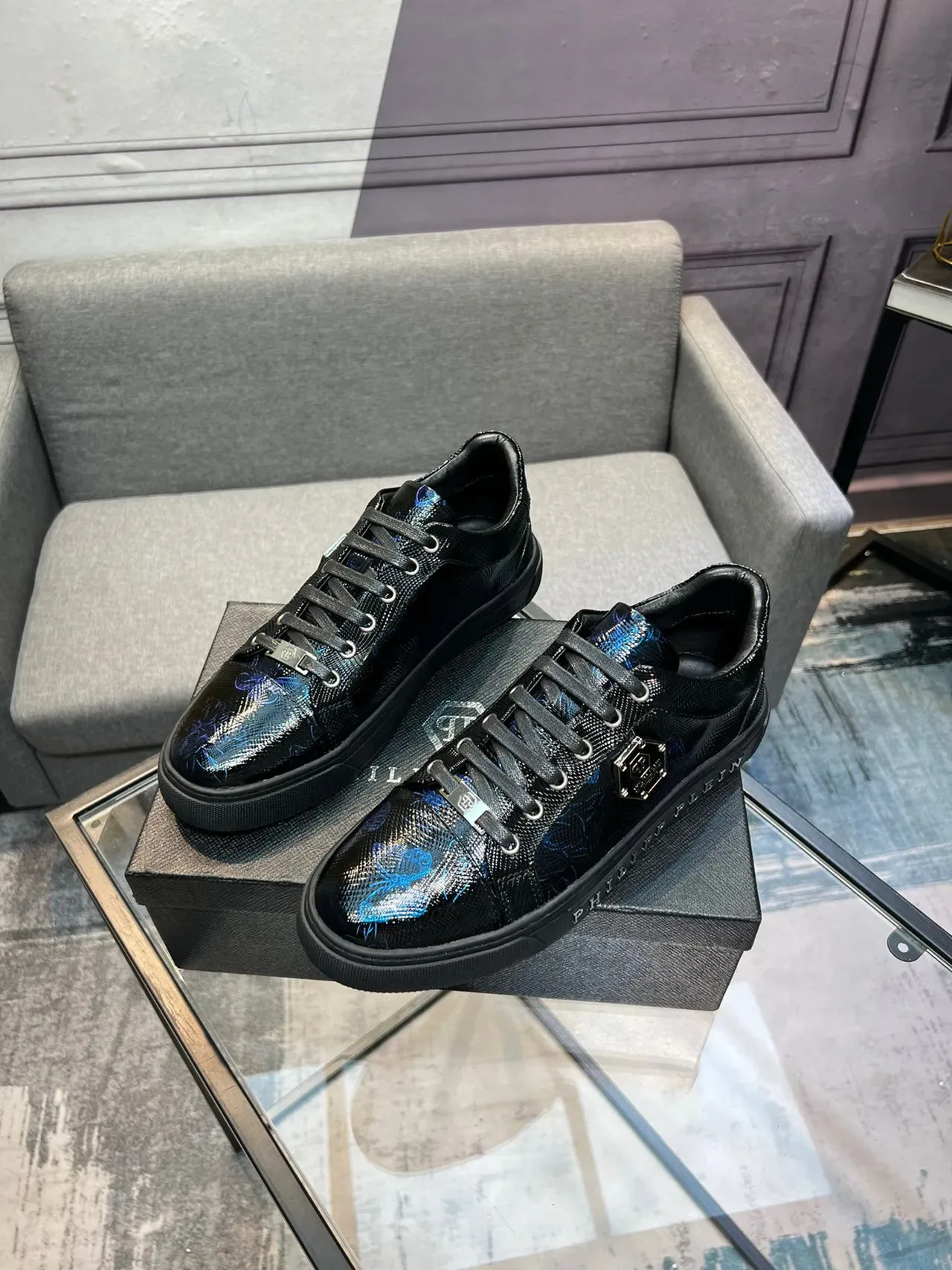 Philipp Plein Sneakers Lifestyle Imprimé Floral Noir et Bleu 3