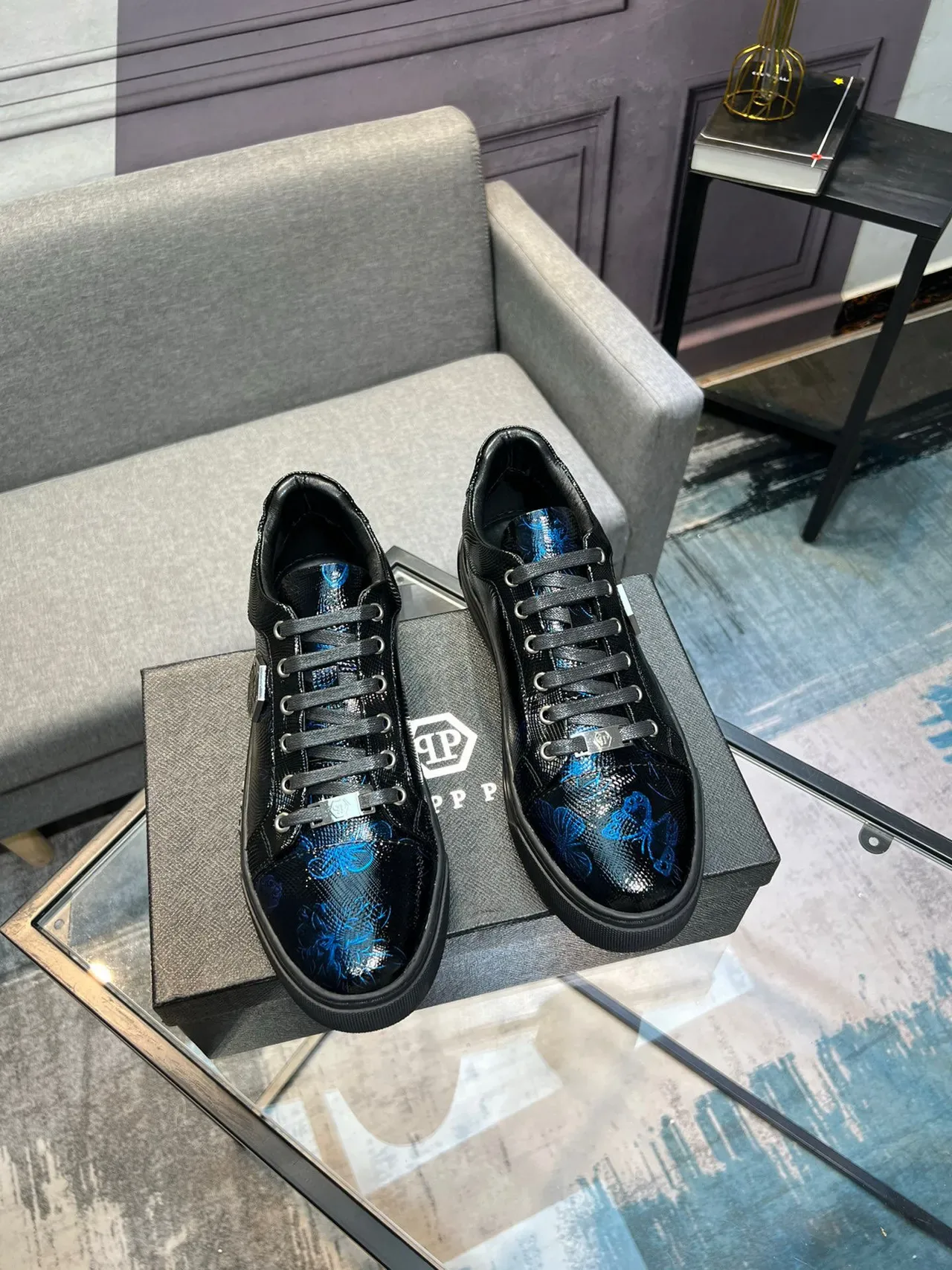 Philipp Plein Sneakers Lifestyle Imprimé Floral Noir et Bleu 5