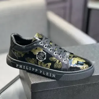 Philipp Plein Black and Gold Floral Print Lifestyle Sneakers