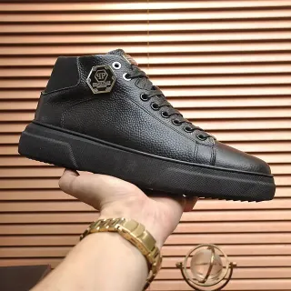 Philipp Plein High-Top Platform Sneaker Black Gold Pebbled Leather Lifestyle Sneakers