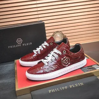 Philipp Plein Red White Crocodile-Embossed Leather Hexagonal Logo Plaque Lifestyle Sneakers