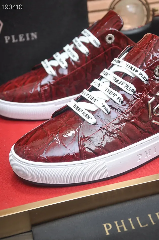 Philipp Plein Zapatillas Lifestyle de Cuero con Textura de Cocodrilo Rojo Blanco Placa de Logo Hexagonal 3
