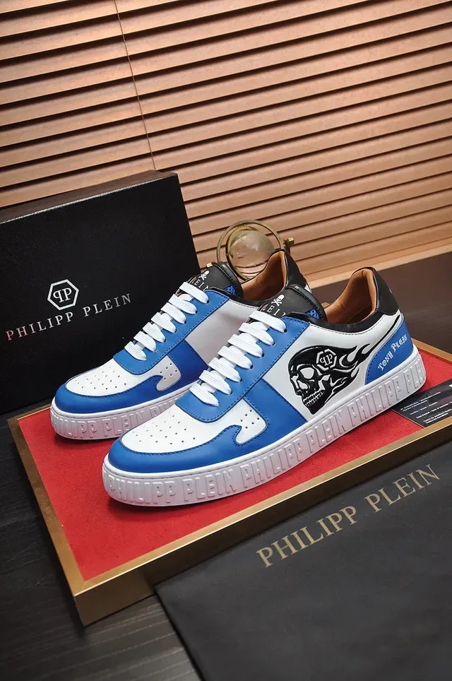 Philipp Plein Skull and Flame Tênis Lifestyle Azul Branco Preto 7