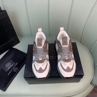Philipp Plein 白色米色厚底网面和皮革拼接运动鞋