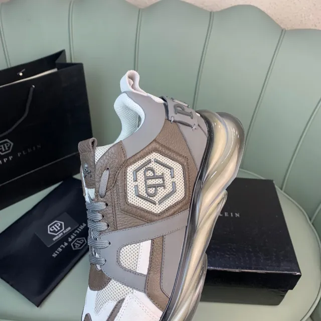 Philipp Plein Sneakers Blancs Beige Semelle Épaisse Maille Et Panneau En Cuir 2
