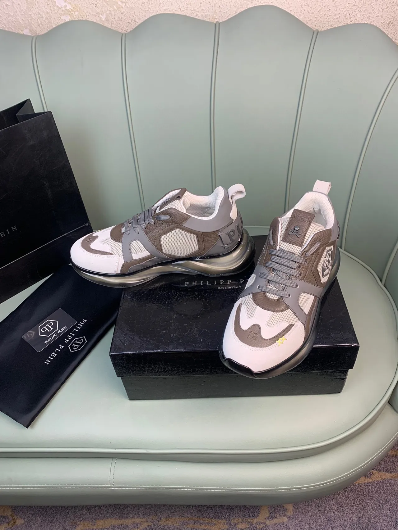 Philipp Plein Sneakers Blancs Beige Semelle Épaisse Maille Et Panneau En Cuir 8