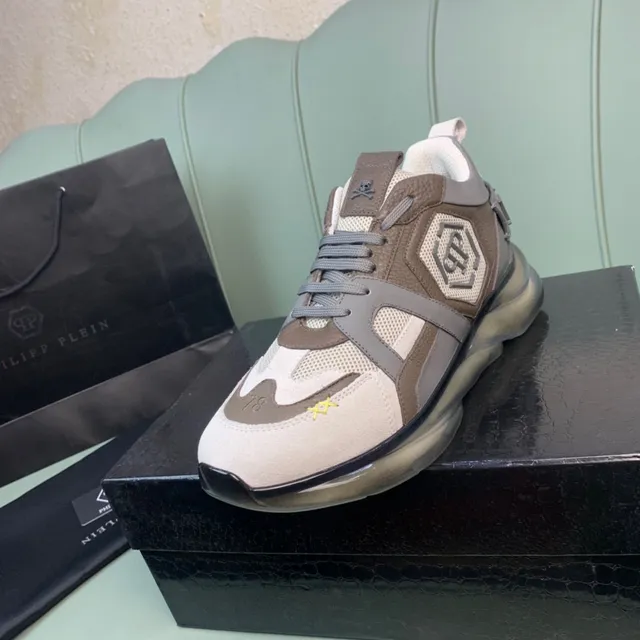 Philipp Plein Sneakers Blancs Beige Semelle Épaisse Maille Et Panneau En Cuir 9