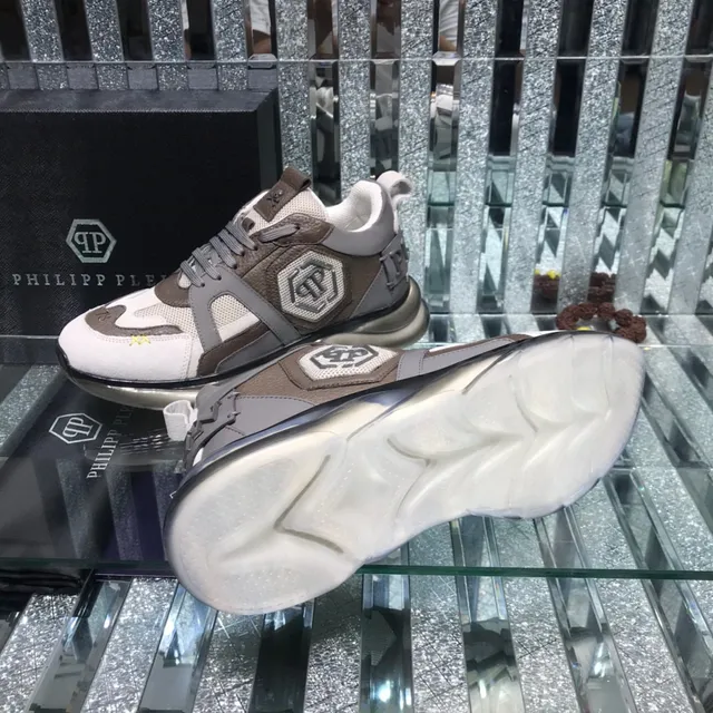 Philipp Plein XX Brown White Mixed-Material Upper Hexagonal Logo Patch Chunky Sneakers 2