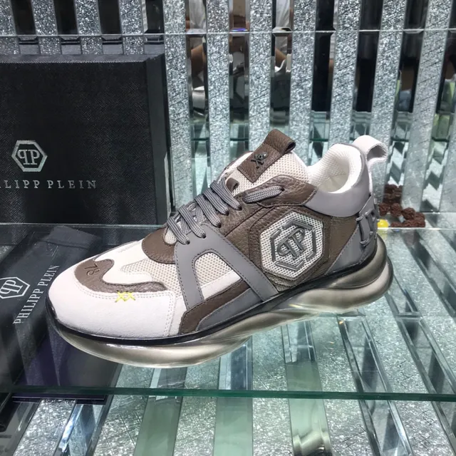 Philipp Plein XX Brown White Mixed-Material Upper Hexagonal Logo Patch Chunky Sneakers 3