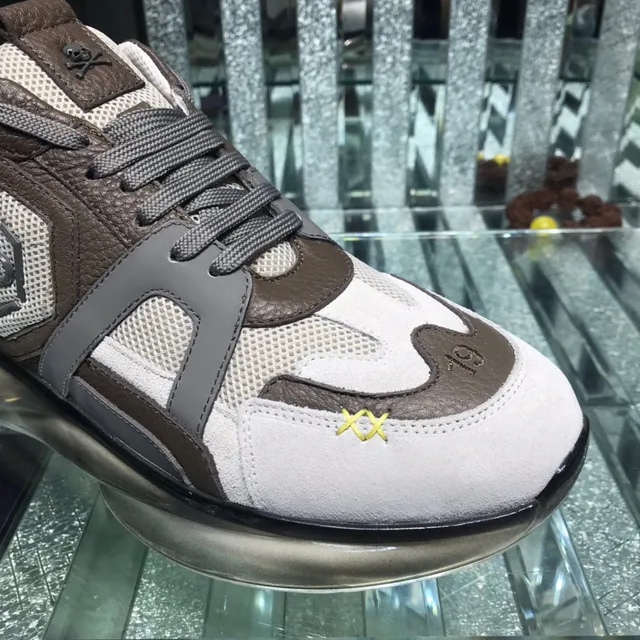 Philipp Plein XX Brown White Mixed-Material Upper Hexagonal Logo Patch Chunky Sneakers 6