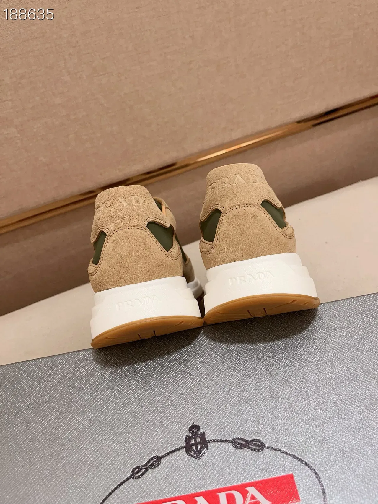 Prada Beige Army Green Suede And Nylon Paneling Triangular Logo Plaque Lifestyle Sneakers 2