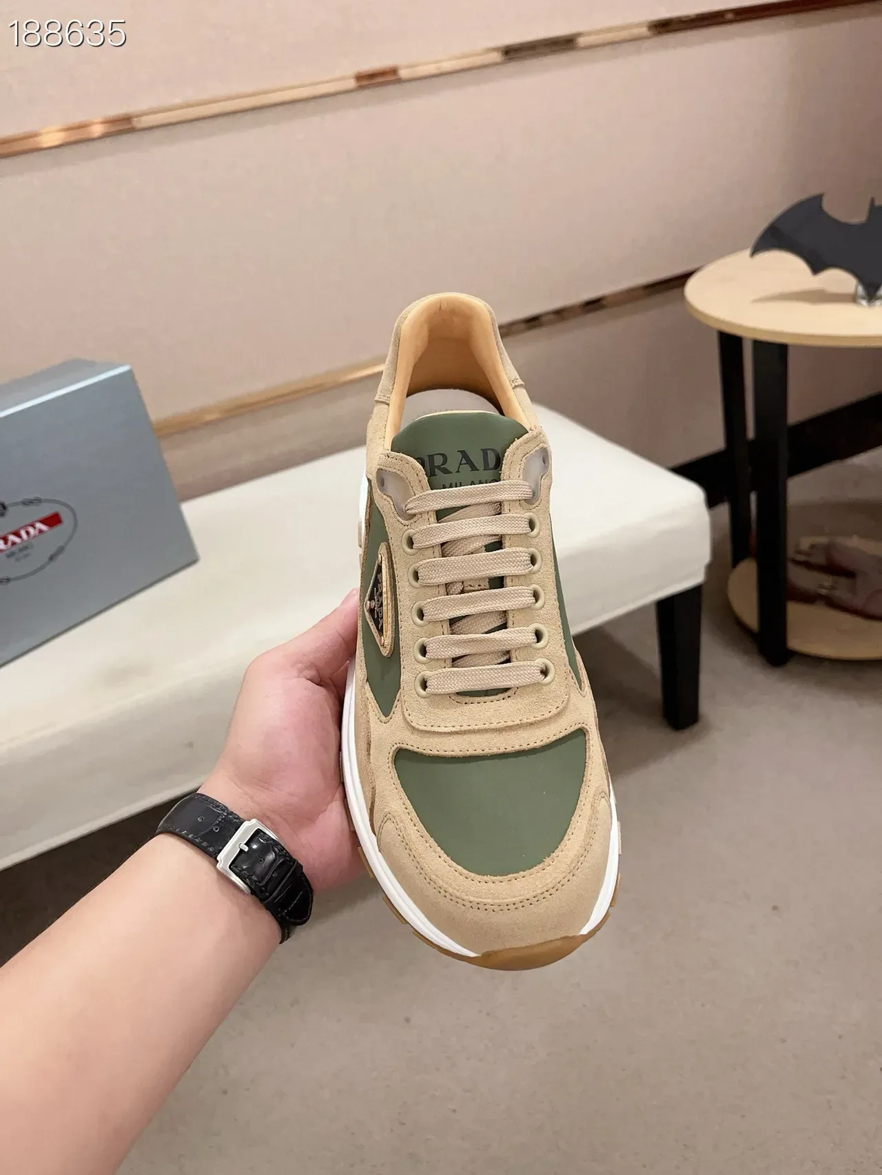 Prada Beige Army Green Suede And Nylon Paneling Triangular Logo Plaque Lifestyle Sneakers 4