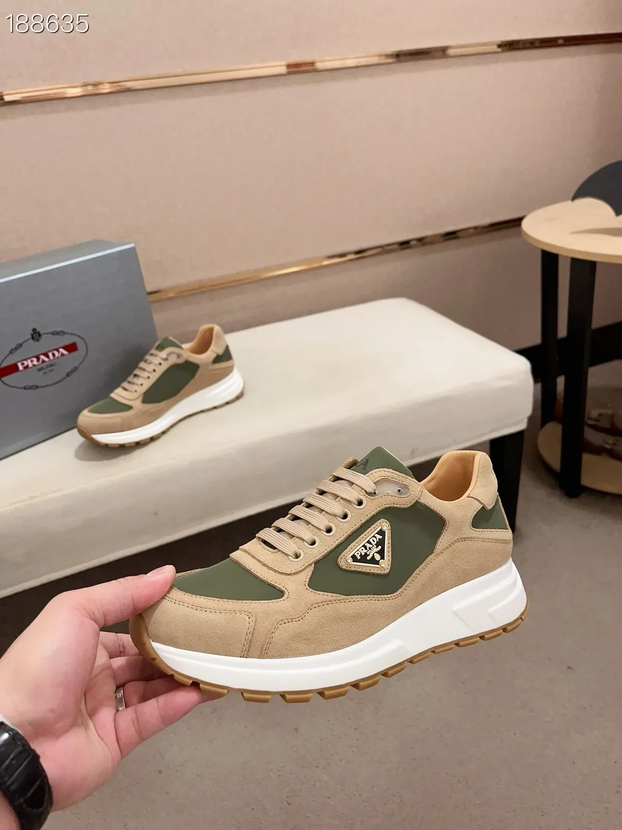 Prada Beige Army Green Suede And Nylon Paneling Triangular Logo Plaque Lifestyle Sneakers 5