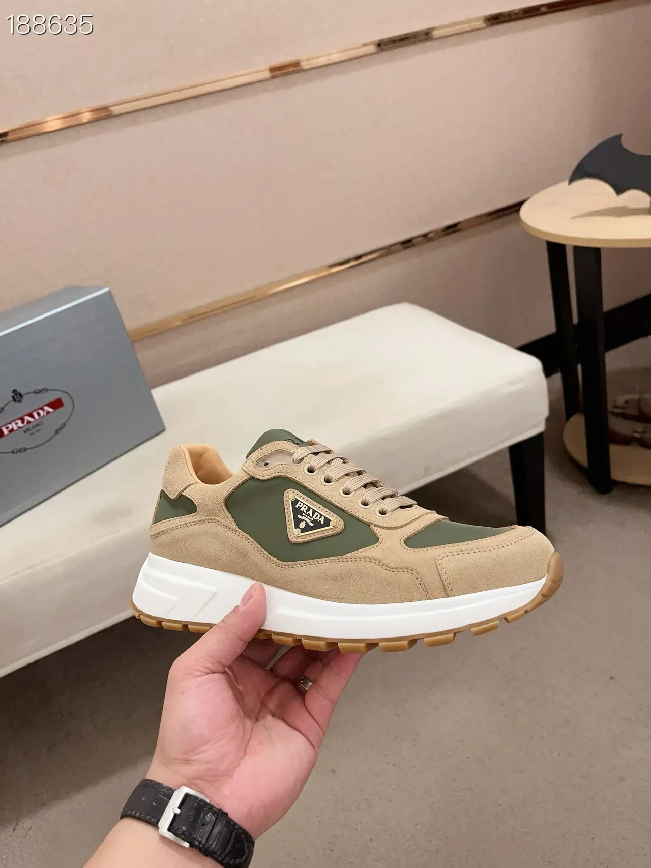 Prada Beige Army Green Suede And Nylon Paneling Triangular Logo Plaque Lifestyle Sneakers 6