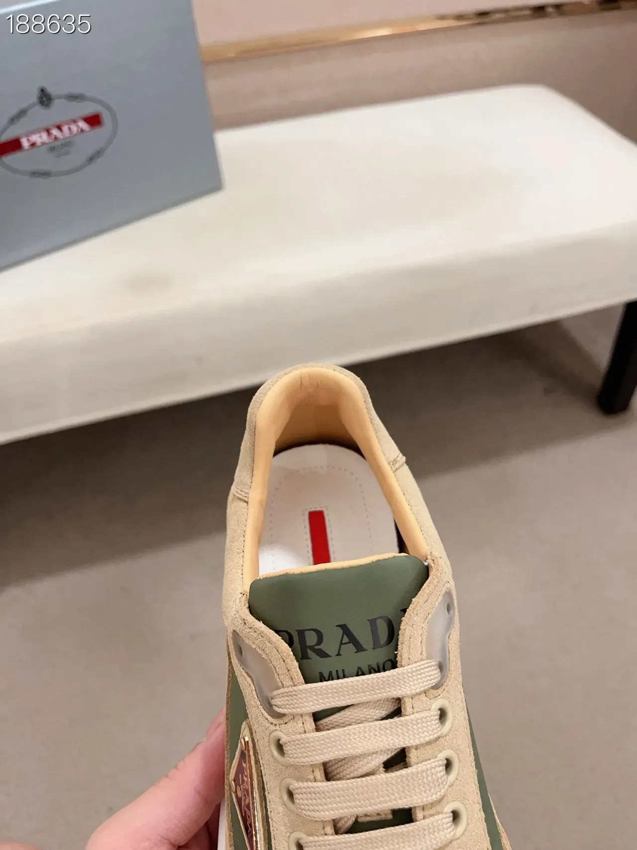 Prada Beige Army Green Suede And Nylon Paneling Triangular Logo Plaque Lifestyle Sneakers 7