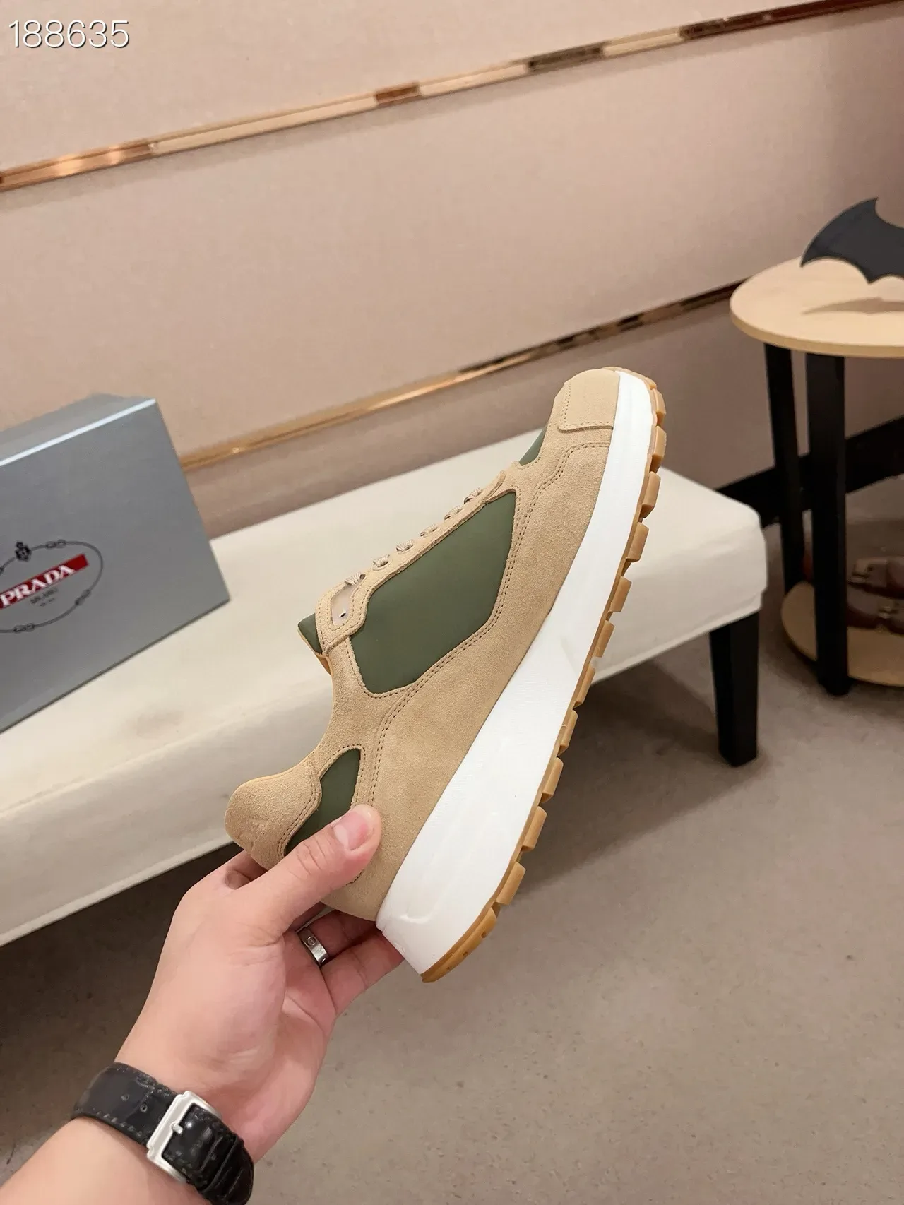 Prada Beige Army Green Suede And Nylon Paneling Triangular Logo Plaque Lifestyle Sneakers 8