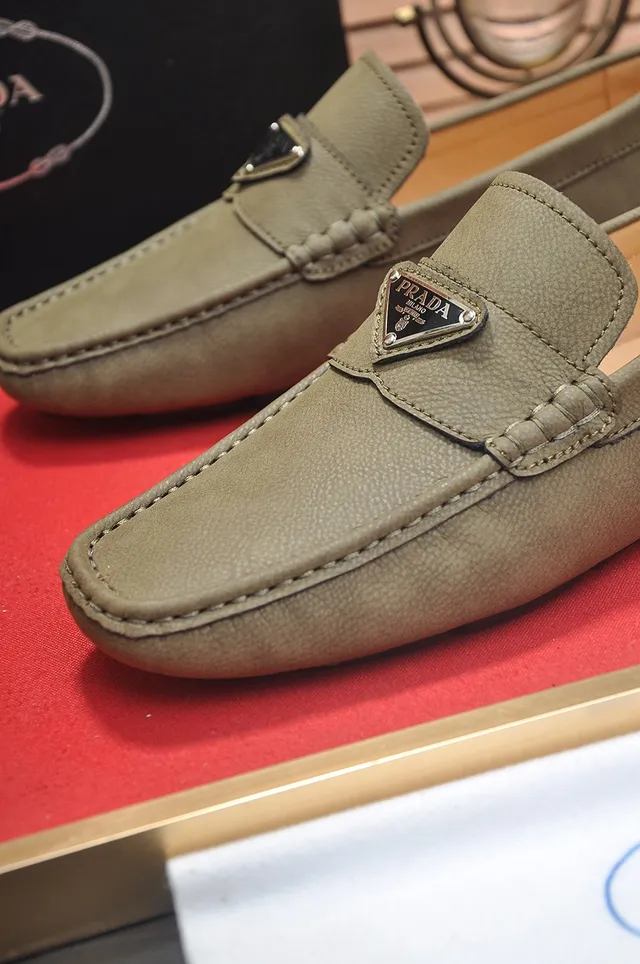 Prada Beige Brown Olive-Green Leather Moccasin-Stitched Loafer 2