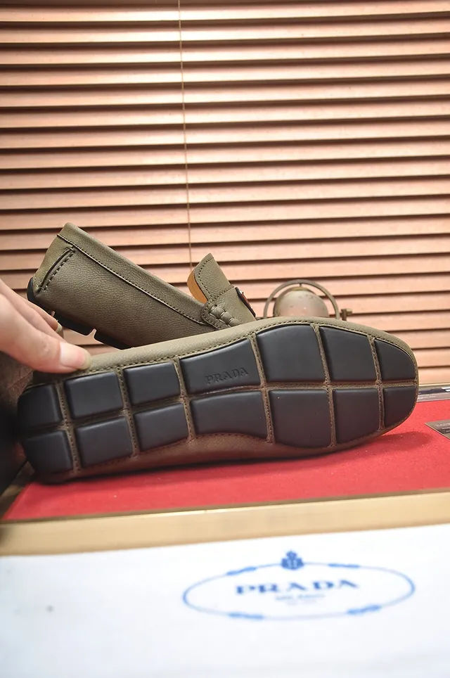 Prada Beige Brown Olive-Green Leather Moccasin-Stitched Loafer 3