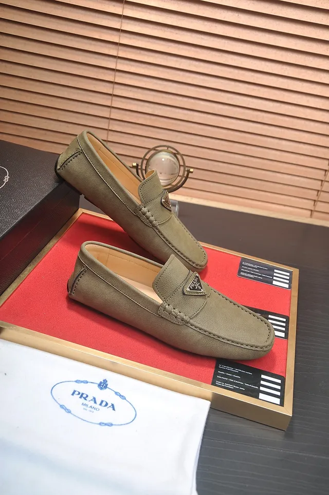 Prada Beige Brown Olive-Green Leather Moccasin-Stitched Loafer 4