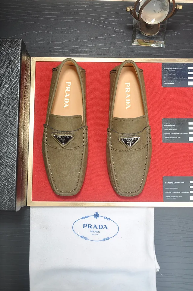 Prada Beige Brown Olive-Green Leather Moccasin-Stitched Loafer 5