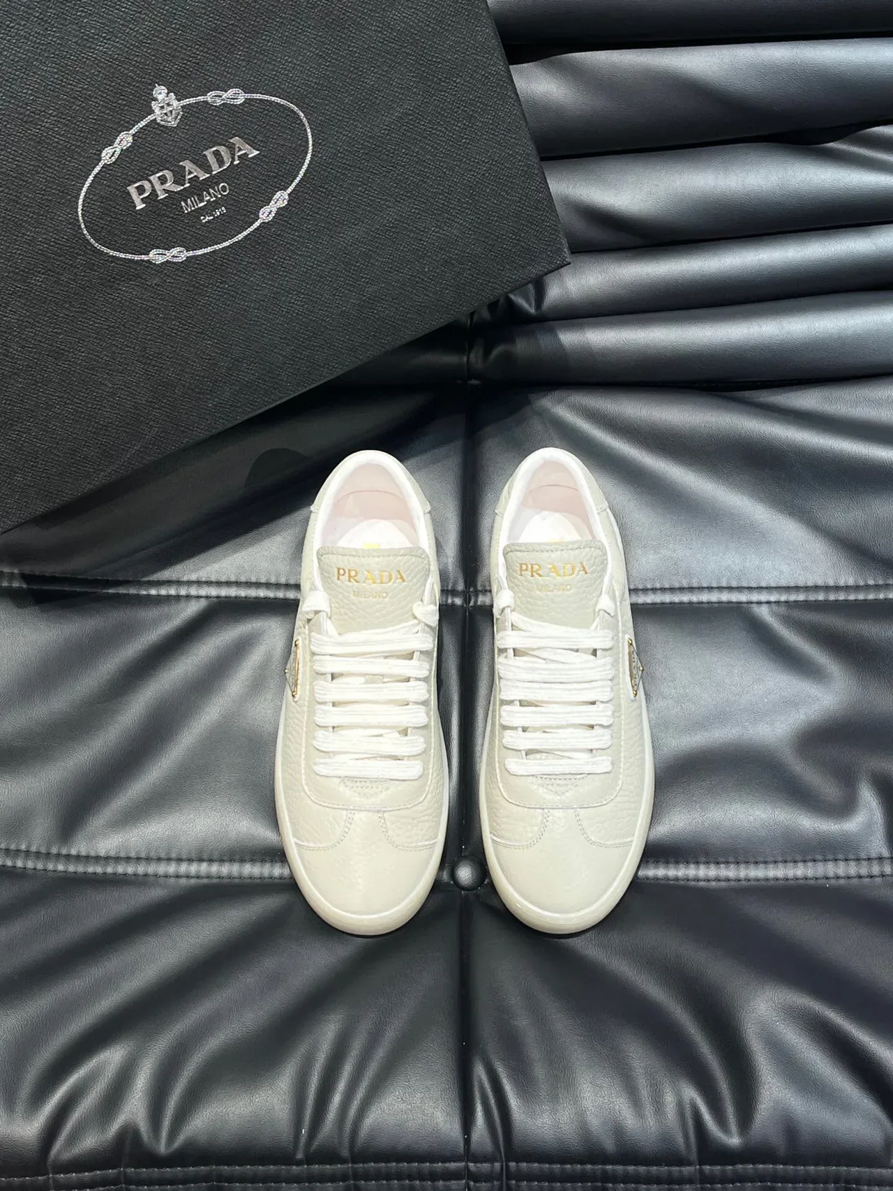 Prada Beige Gold Pebbled Leather Upper Triangular Logo Plaque Lifestyle Sneakers 2