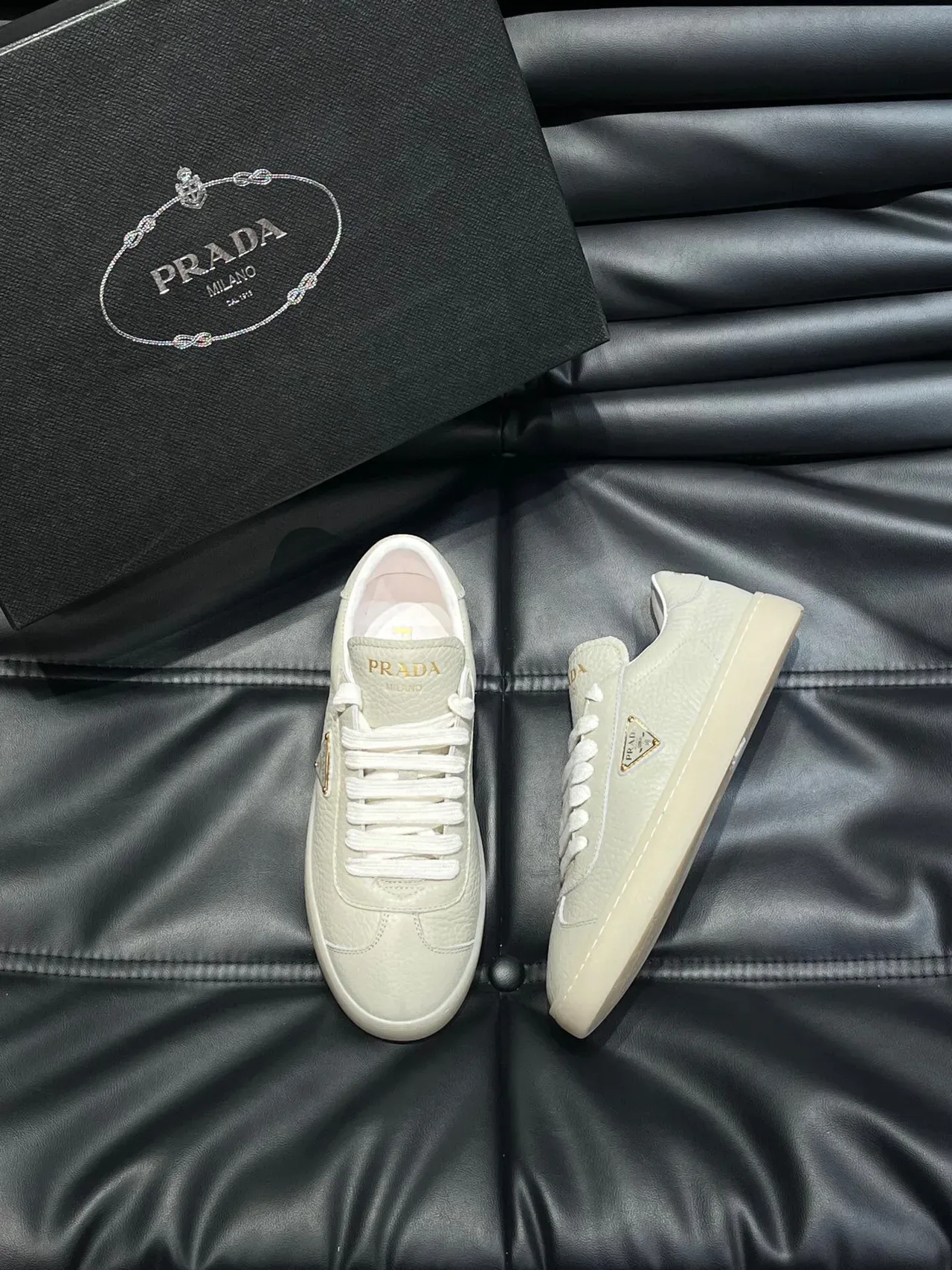 Prada Beige Gold Pebbled Leather Upper Triangular Logo Plaque Lifestyle Sneakers 3