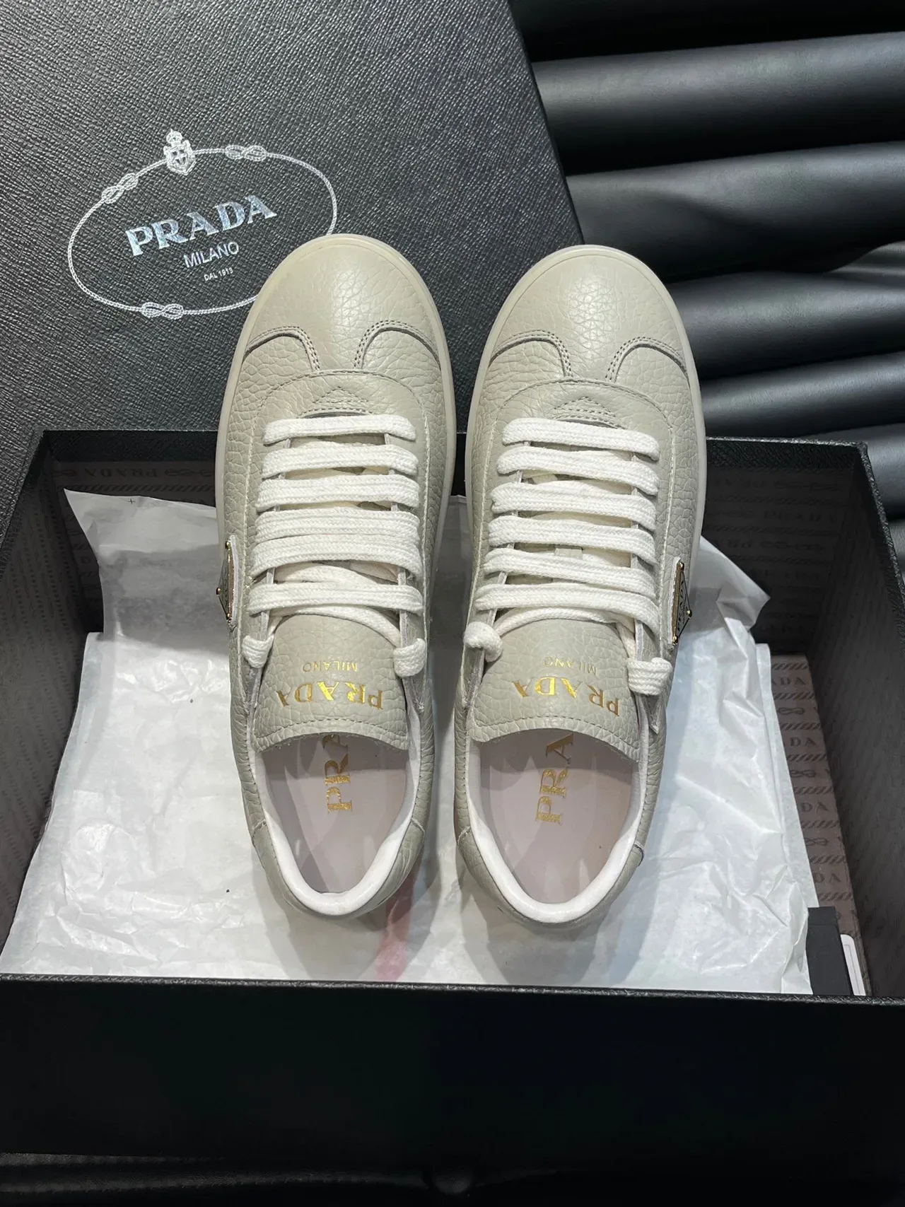 Prada Beige Gold Pebbled Leather Upper Triangular Logo Plaque Lifestyle Sneakers 4