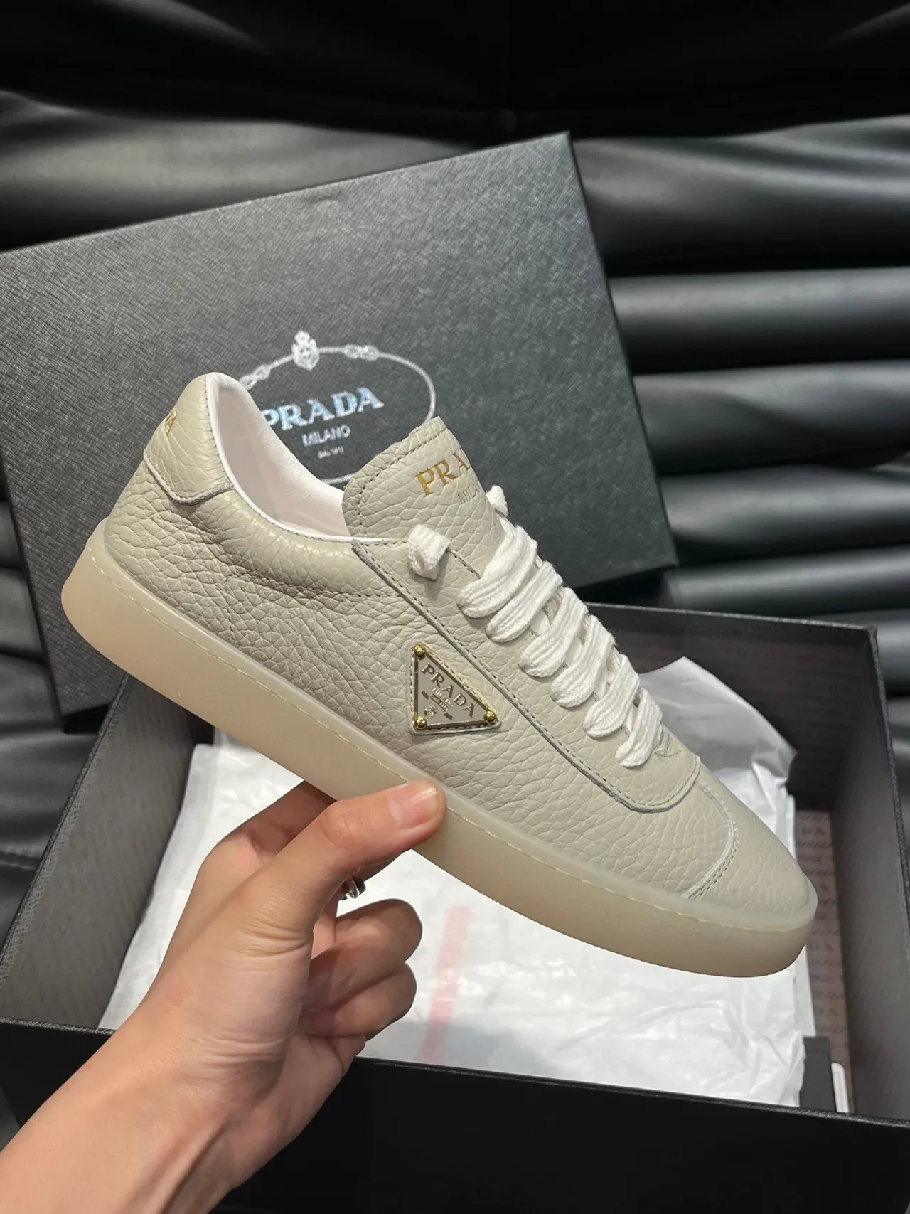Prada Beige Gold Pebbled Leather Upper Triangular Logo Plaque Lifestyle Sneakers 5