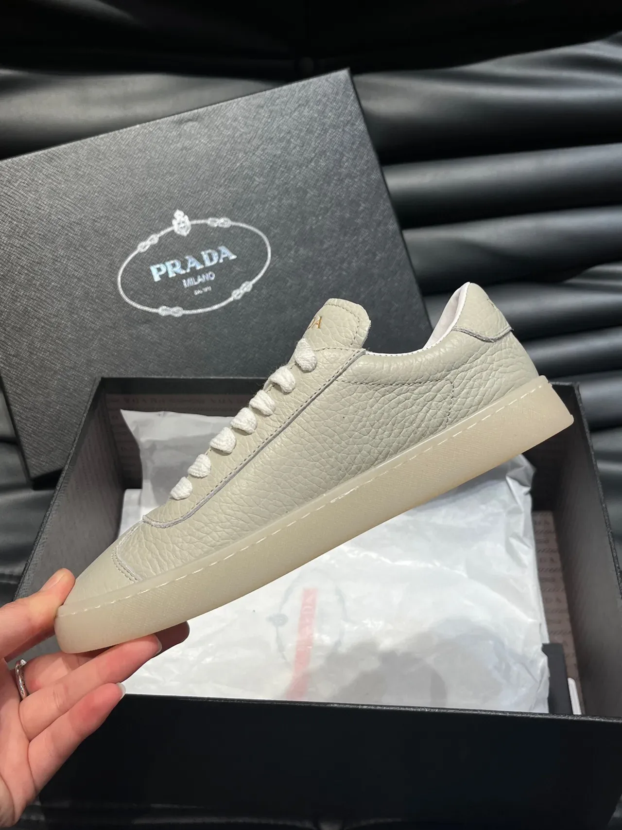 Prada Beige Gold Pebbled Leather Upper Triangular Logo Plaque Lifestyle Sneakers 6