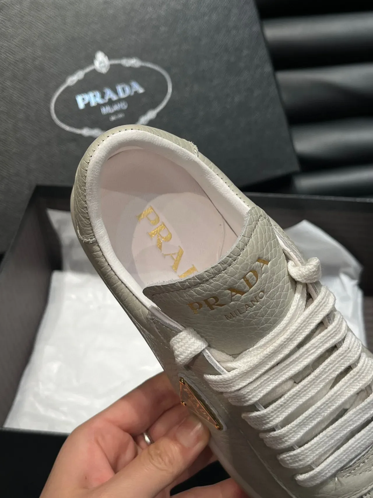 Prada Beige Gold Pebbled Leather Upper Triangular Logo Plaque Lifestyle Sneakers 7