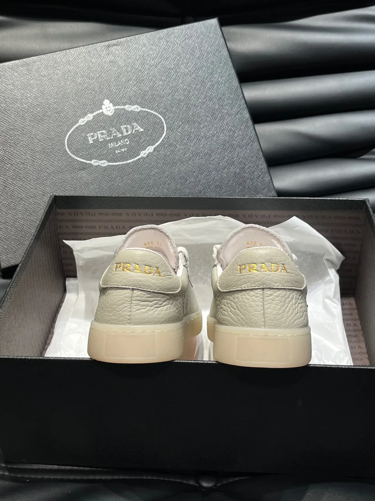 Prada Beige Gold Pebbled Leather Upper Triangular Logo Plaque Lifestyle Sneakers 8