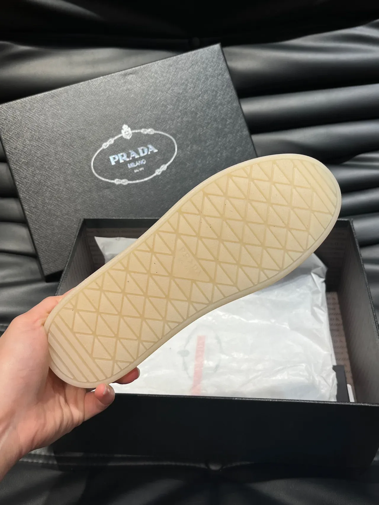 Prada Beige Gold Pebbled Leather Upper Triangular Logo Plaque Lifestyle Sneakers 9