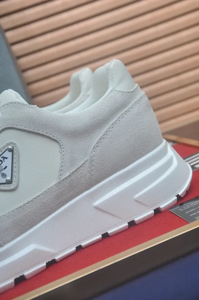 Prada Beige White Suede-Leather Panelled Geometric Midsole Sneakers 2