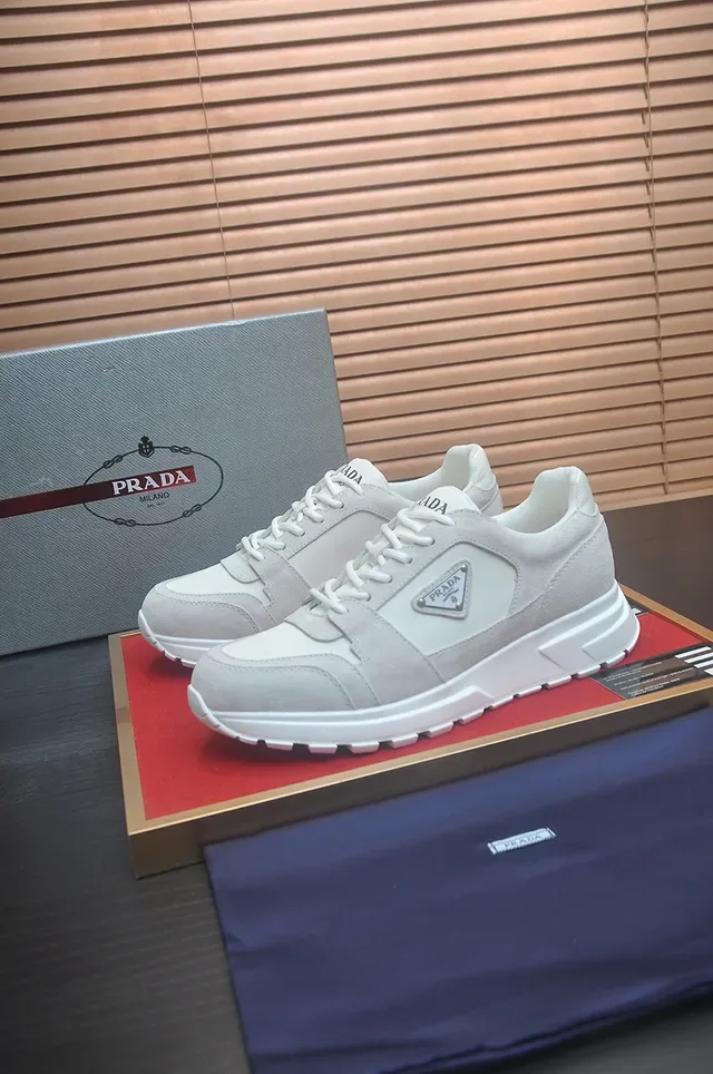 Prada Beige White Suede-Leather Panelled Geometric Midsole Sneakers 4
