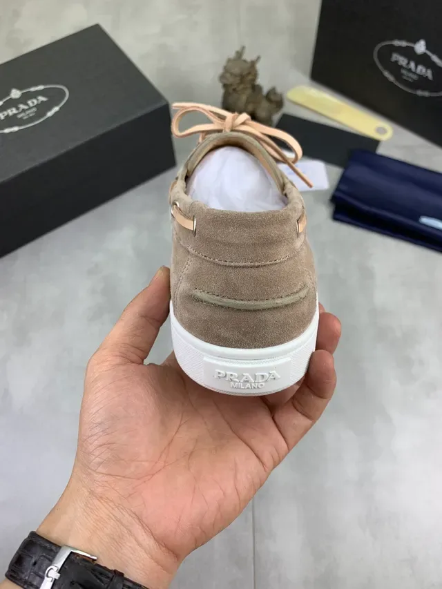 Prada Beige White Suede Upper Moc-Toe Stitching Boat Shoes 3