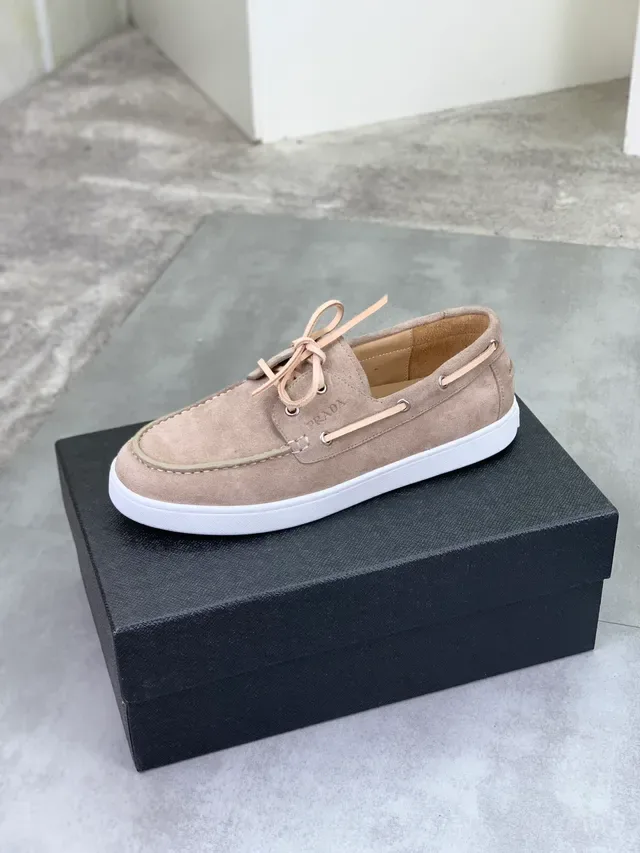 Prada Beige White Suede Upper Moc-Toe Stitching Boat Shoes 4