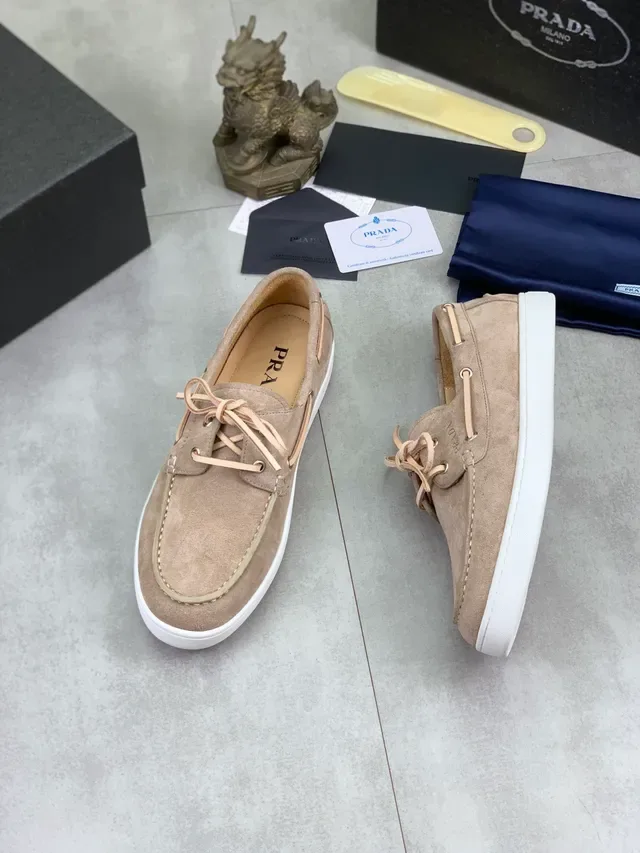 Prada Beige White Suede Upper Moc-Toe Stitching Boat Shoes 5