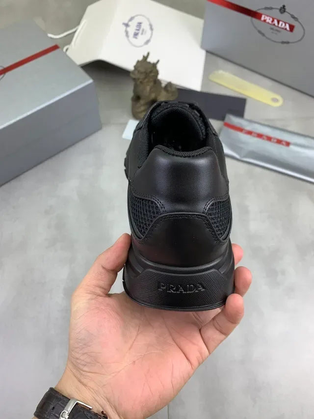 Prada Black Chunky Layered Sole Mixed Mesh And Smooth Leather Upper Lifestyle Sneakers 3