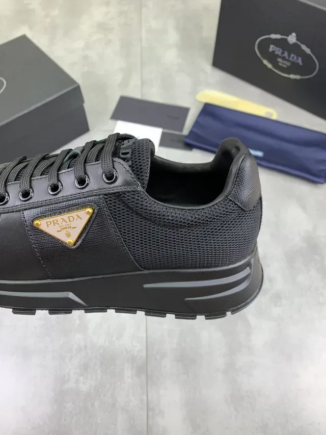 Prada Black Gold Mesh And Leather Upper Triangular Logo Plaque Lifestyle Sneakers 3