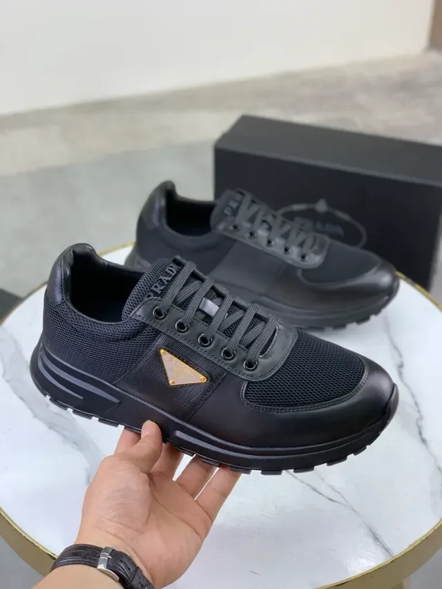 Prada Black Gold Mesh And Leather Upper Triangular Logo Plaque Lifestyle Sneakers 4