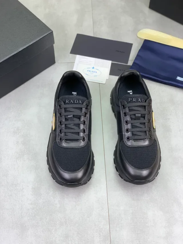 Prada Black Gold Mesh And Leather Upper Triangular Logo Plaque Lifestyle Sneakers 5