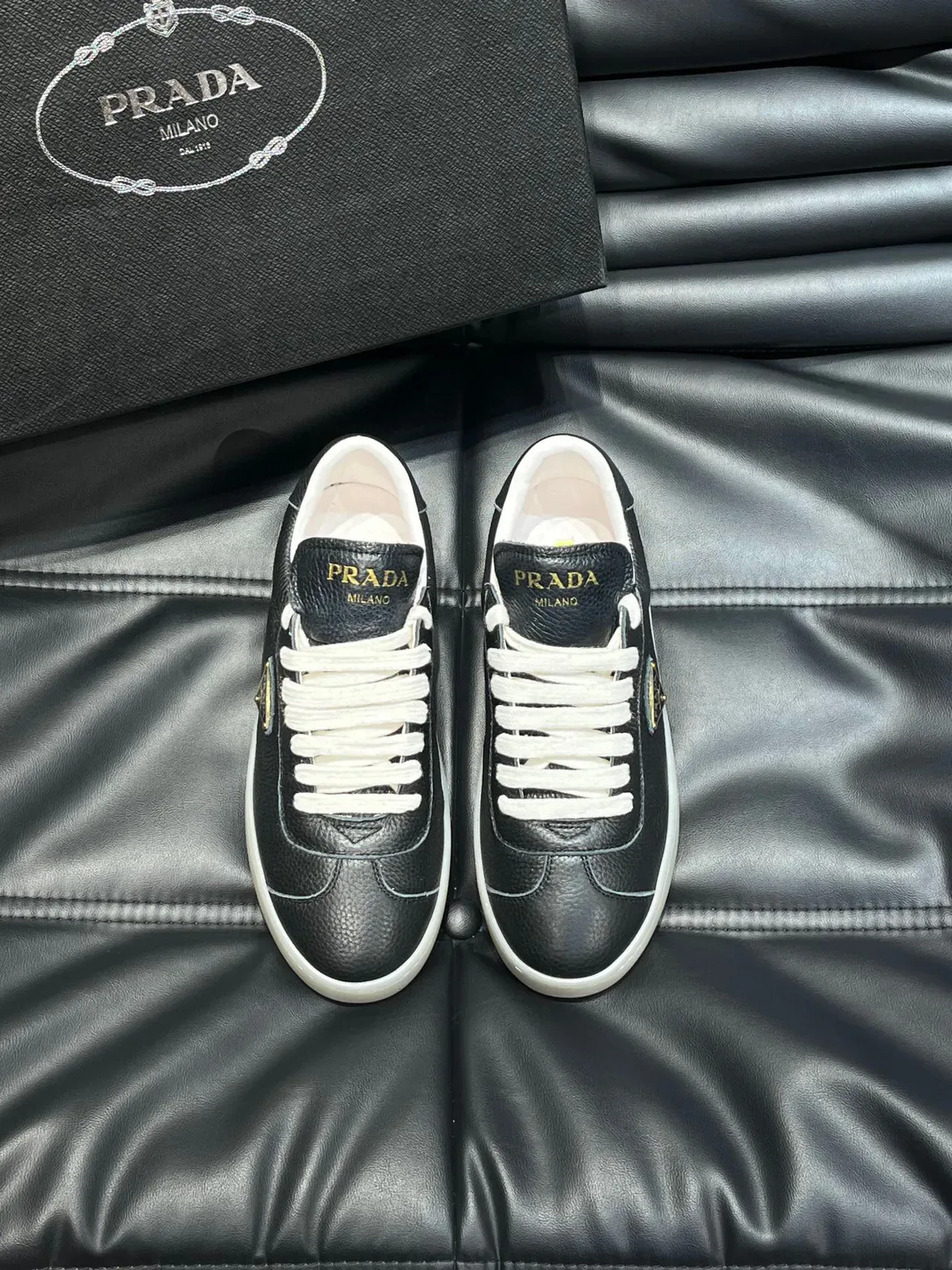 Prada Black Gold Pebbled Leather Logo Lifestyle Sneakers 2
