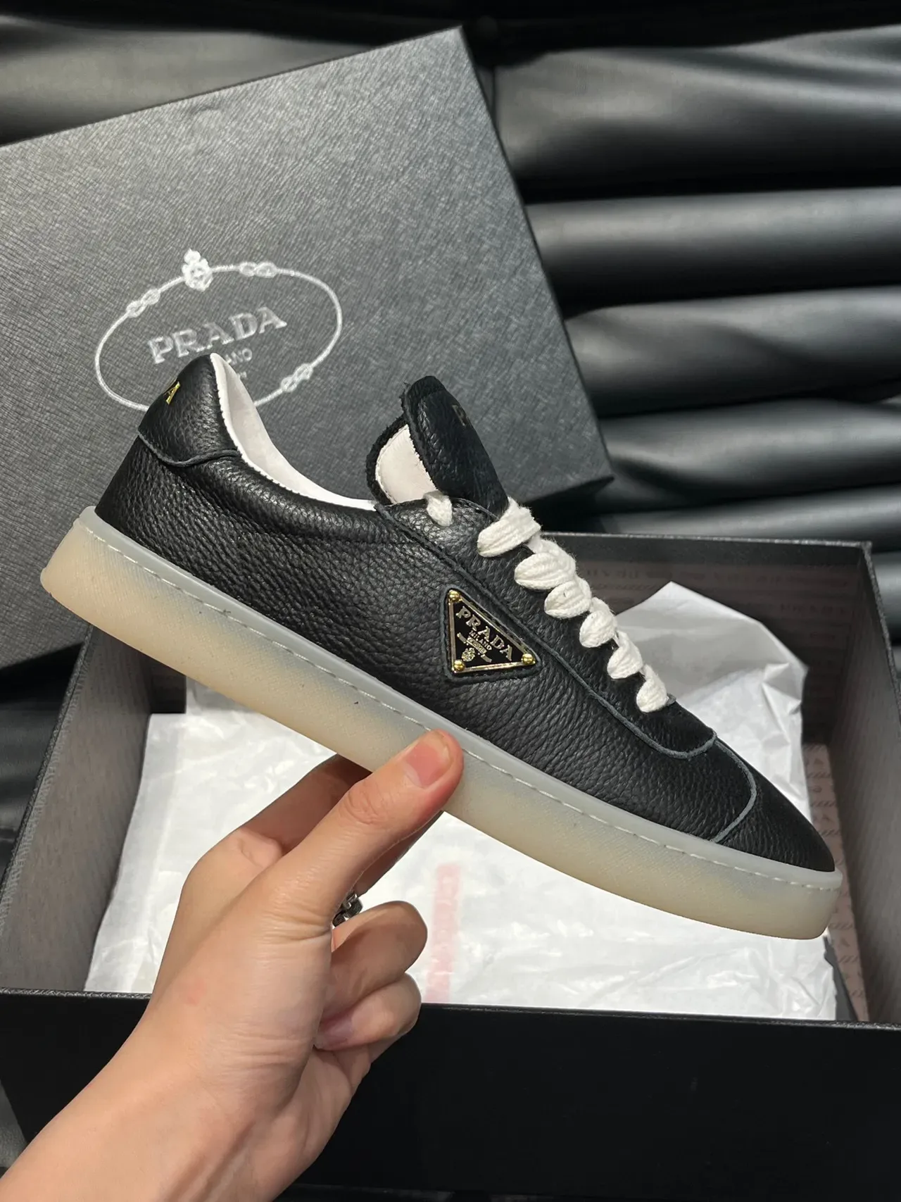 Prada Black Gold Pebbled Leather Logo Lifestyle Sneakers 5