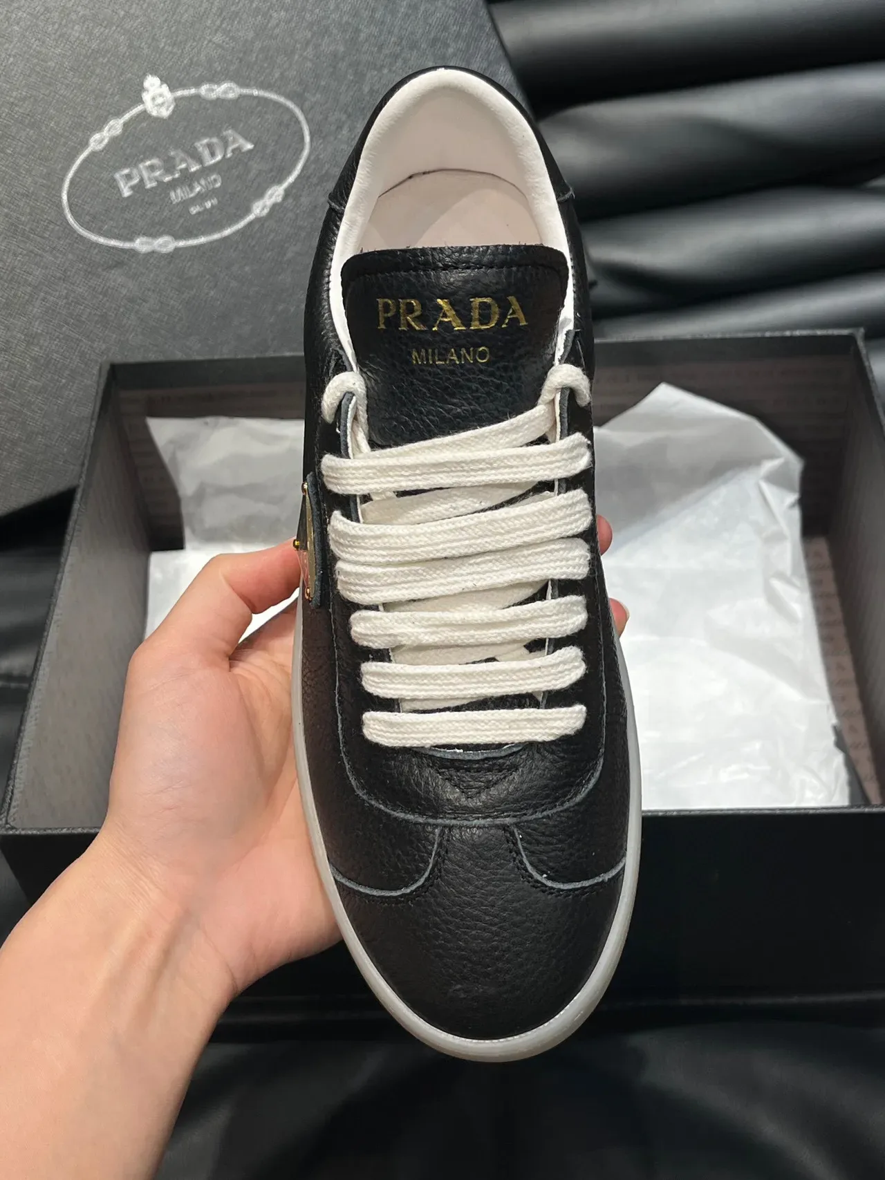 Prada Black Gold Pebbled Leather Logo Lifestyle Sneakers 6