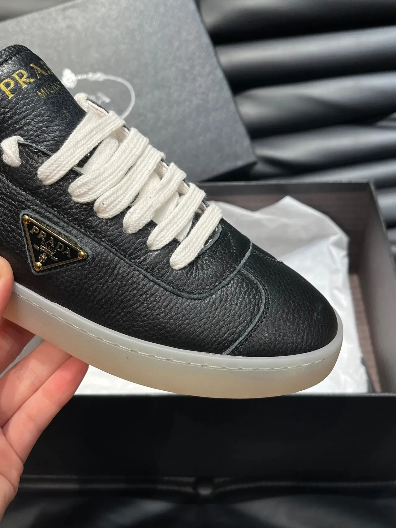 Prada Black Gold Pebbled Leather Logo Lifestyle Sneakers 8