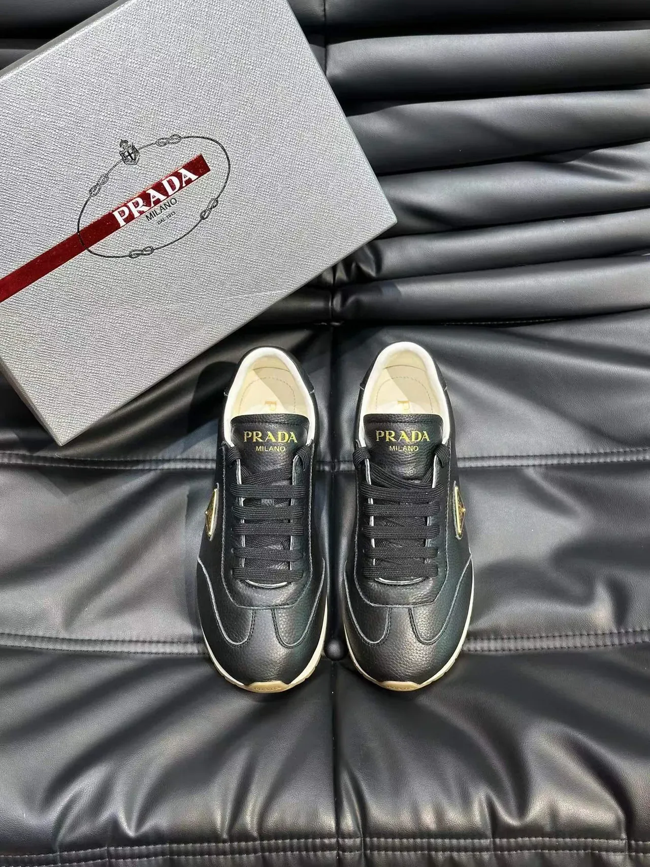 Prada Black Gold Pebbled Leather Triangular Logo Lifestyle Sneakers 2