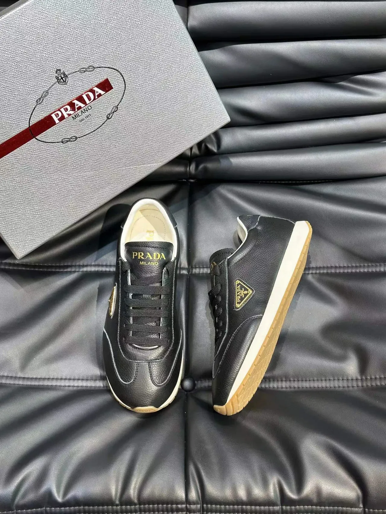 Prada Black Gold Pebbled Leather Triangular Logo Lifestyle Sneakers 3