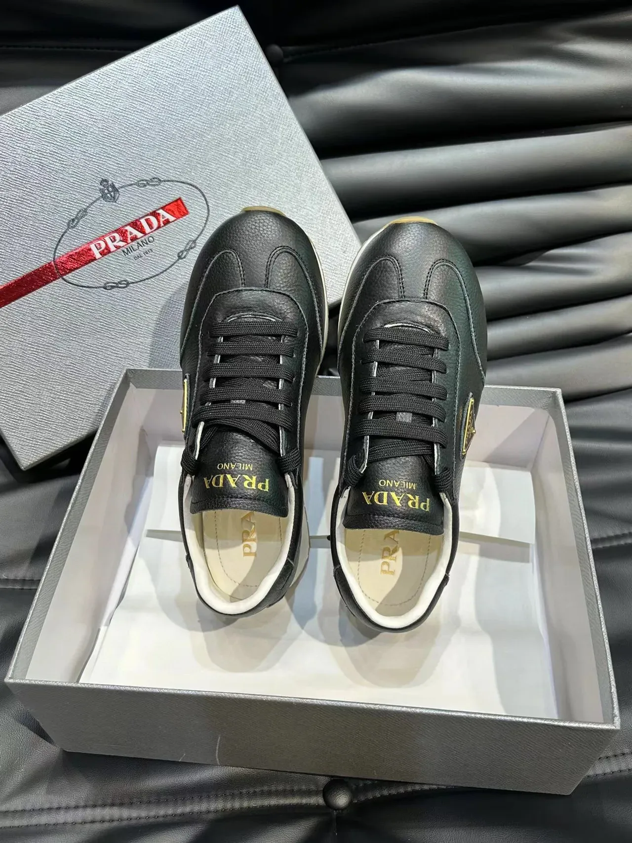 Prada Black Gold Pebbled Leather Triangular Logo Lifestyle Sneakers 4